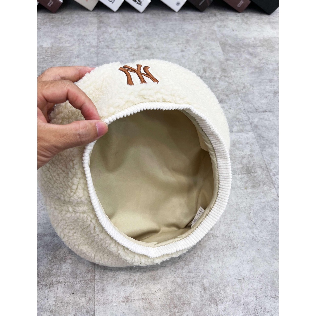 Nón Beret Chất Lông Cừu Màu Trắng Ngà/Đen Thêu Logo NY Dn.Storevnxk