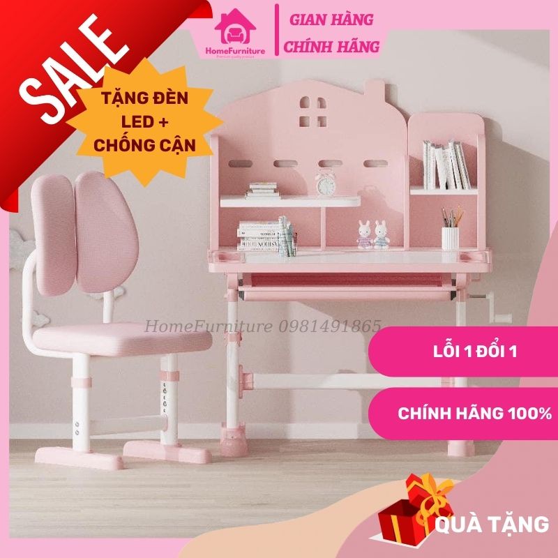 Bộ bàn ghế học sinh A20 - Bộ bàn học cho bé chống cận chống gù điều chỉnh được độ cao có giá sách Home Furniture