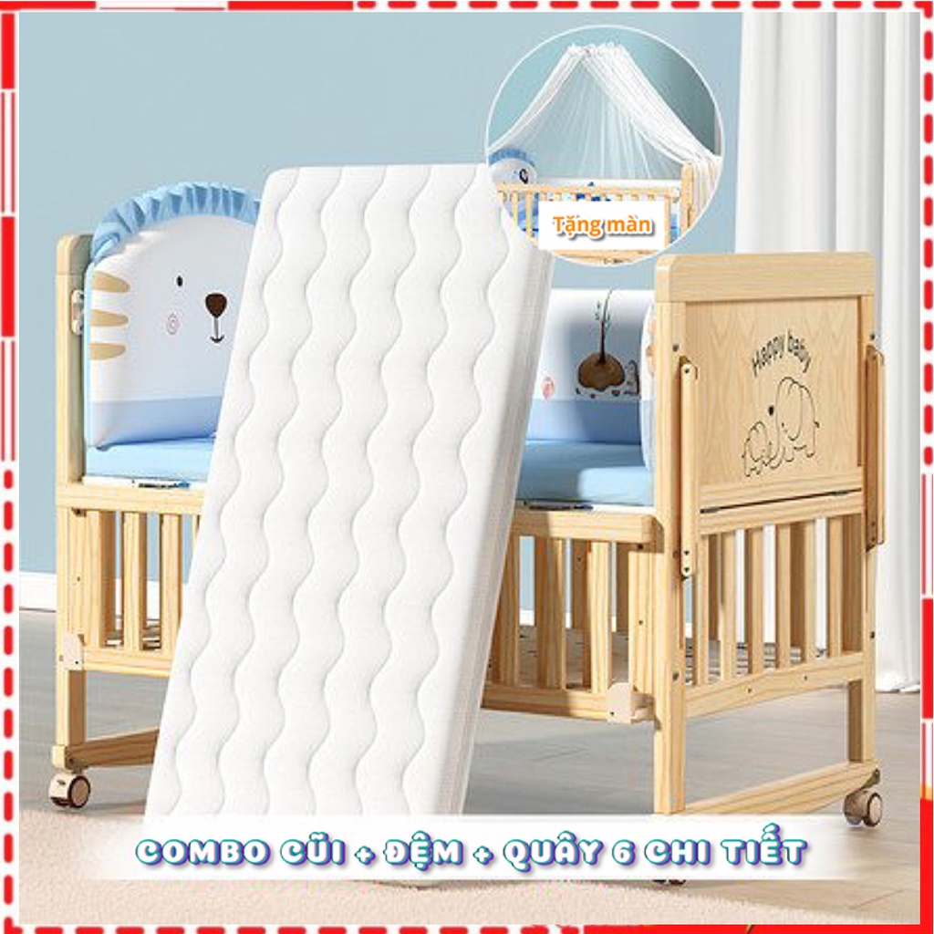 Cũi cho bé 2 tầng kèm nệm sơ dừa, quây, gối. nôi cũi gỗ cho bé đa chức năng size 105x60