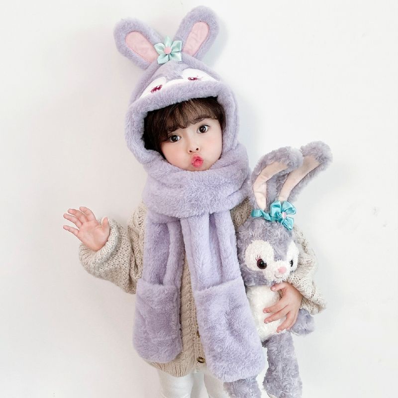Mũ Trùm Đầu Tích Hợp Khăn Choàng / Găng Tay / Yếm / Khăn Choàng Cổ Vải Lông Cừu Thời Trang Mùa Đông Cho Bé Gái