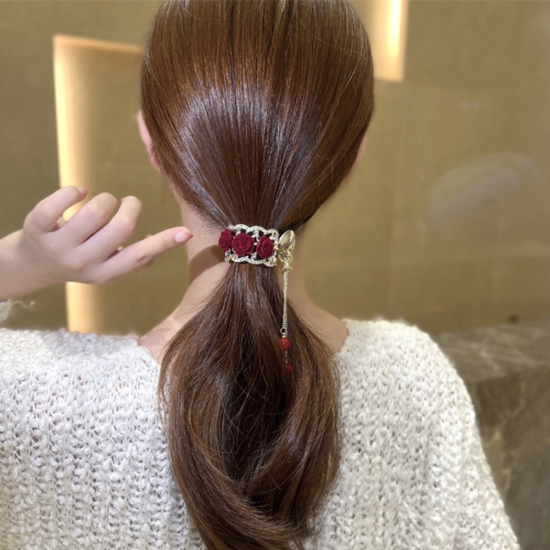 Flocked Kẹp Tóc Đuôi Ngựa Đính Đá Ngọc Trai Giả Cao Cấp