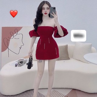 Đầm nhung trễ vai đính đá 2 màu đen hồng cực hot cho mùa xuân , chất nhung dài dặn
