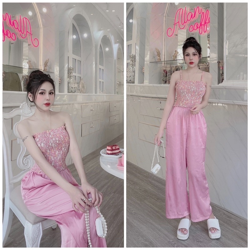 Đồ bộ nữ, đồ ngủ mặc nhà, áo yếm tôn dáng, chất liệu lụa satin mềm mịn