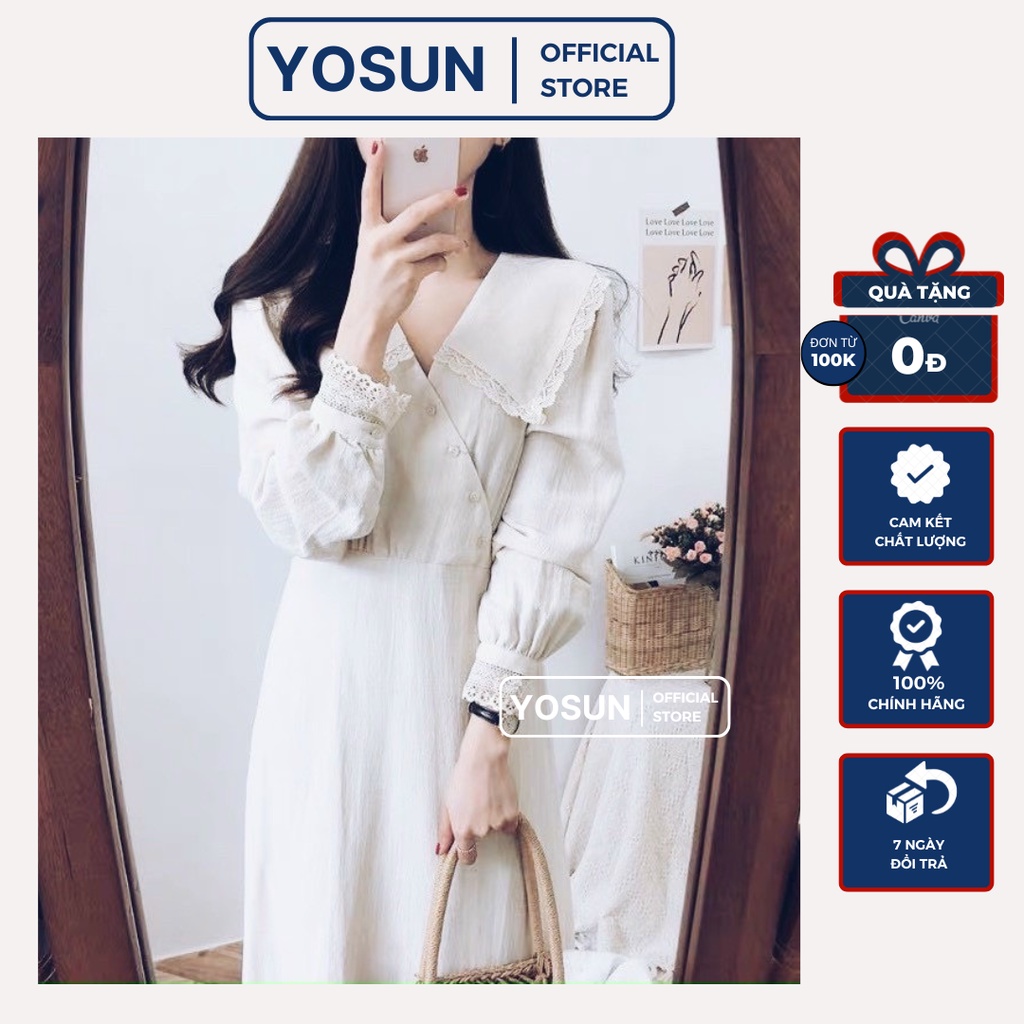 Đầm Đi Chơi Nữ Nút Xéo Cổ Viền Ren Dễ Thương, Đầm Nữ Cổ V Tay Dài Màu Trắng