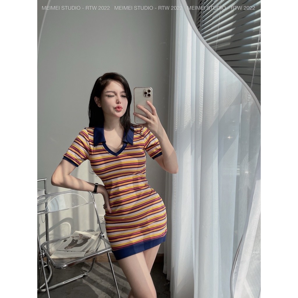 Đầm body thun kẻ - Váy polo cộc tay, dáng midi, vải co giãn thoải mái - Mặc đi chơi, đi học | XKV63 | Meimei Studio