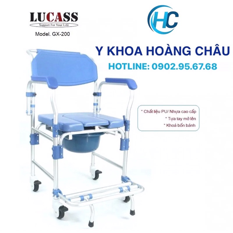Ghế Bô Vệ Sinh cao cấp Có Bánh Xe, Khung Nhôm Nhẹ, Đệm Da Pu, Có Gác Chân Lucass GX-200 (GX200)