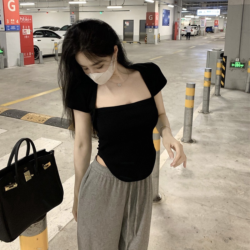 IELGY Áo Thun Tay Ngắn Cổ Vuông Dáng Ôm Thời Trang Dành Cho Nữ