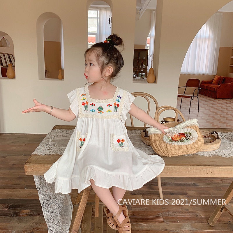 Babyfair Đầm Bé Gái Cotton Không Tay Thêu Thoáng Khí Mùa Hè Có Ren Viền Cho 1 Tuổi Tập Đi