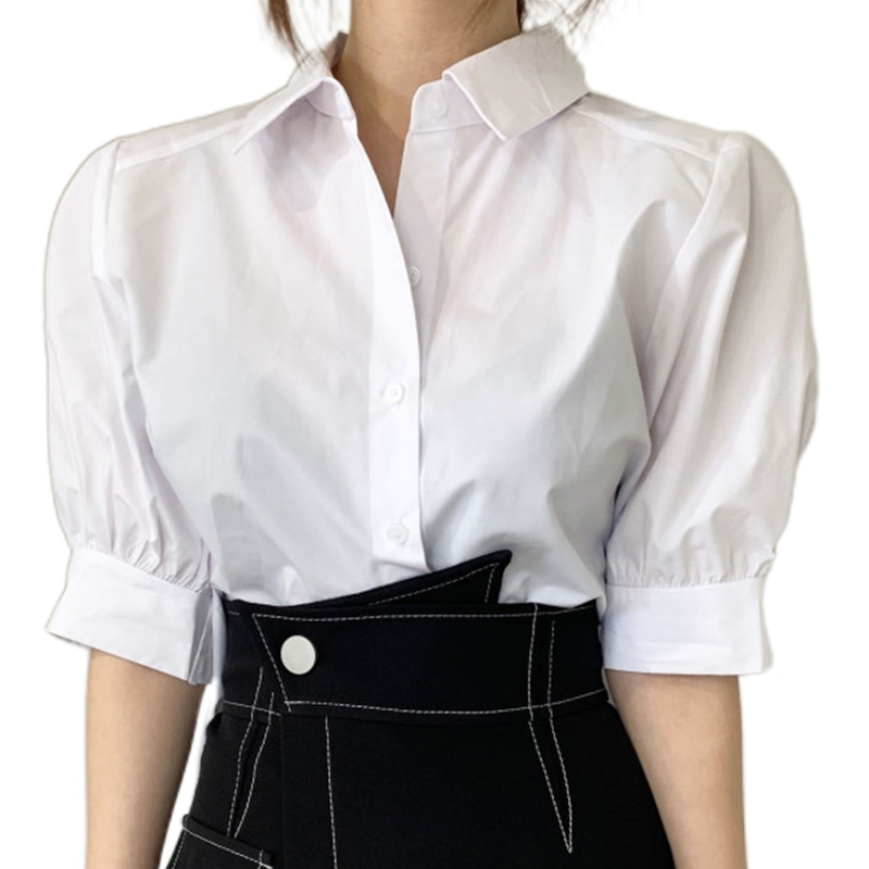 Áo Sơ Mi Tay Lửng Cổ Chữ V Cài Nút Ở Lưng Xếp Ly Màu Trơn Dành Cho Nữ