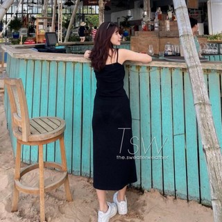 H.A.N STORE  Váy 2 Dây Thun Basic Đầm nữ dáng dài chất thun co giãn, màu đen trơn basic