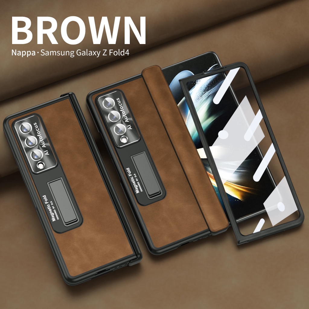 Ốp Điện Thoại Da Nắp Gập Từ Tính Mạ Điện Bảo Vệ Ống Kính Máy Ảnh Cho Samsung Galaxy Z Fold 4 Fold 3