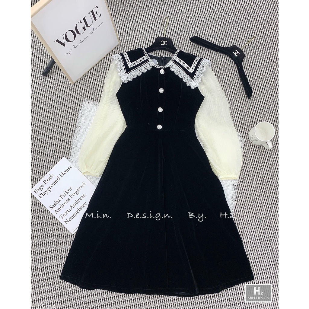 [Ảnh Thật/ Video]: Váy Nhung Thiết Kế Phối Cổ Viền Cực Xinh