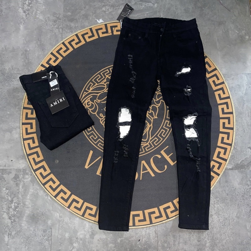 Quần jean bò nam slimfit đen rách xước lót da nhăn trắng đùi gối cao cấp QJ29P