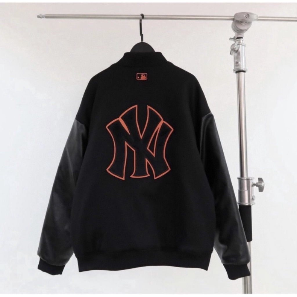 Áo varsity jacket Bomber MLB NY Chữ Thêu Tay Da Cao Cấp - Áo Bomber Nỉ Tay Da Phong Cách Unisex