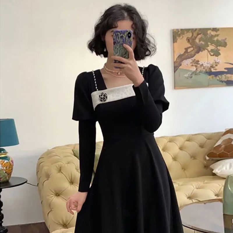 IELGY IELGY Đầm Nữ Màu Đen Họa Tiết Hoa Trà Phong Cách retro Pháp