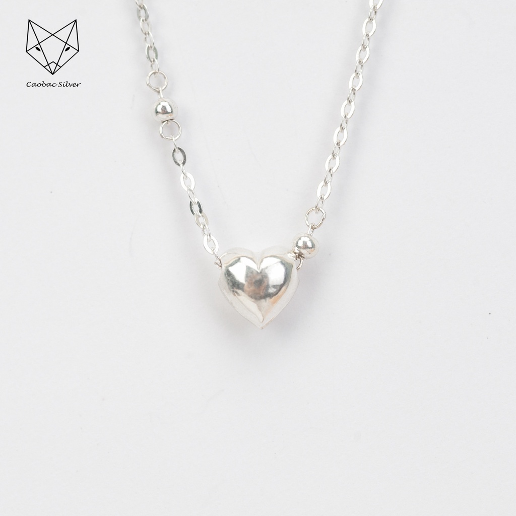 Dây Chuyền Bạc Ta Cao Cấp CaoBac Silver Tim Phồng Trơn Cạnh Bi Đơn Giản Nhẹ Nhàng, Thanh Lịch Dành Tặng Cho Bạn Gái