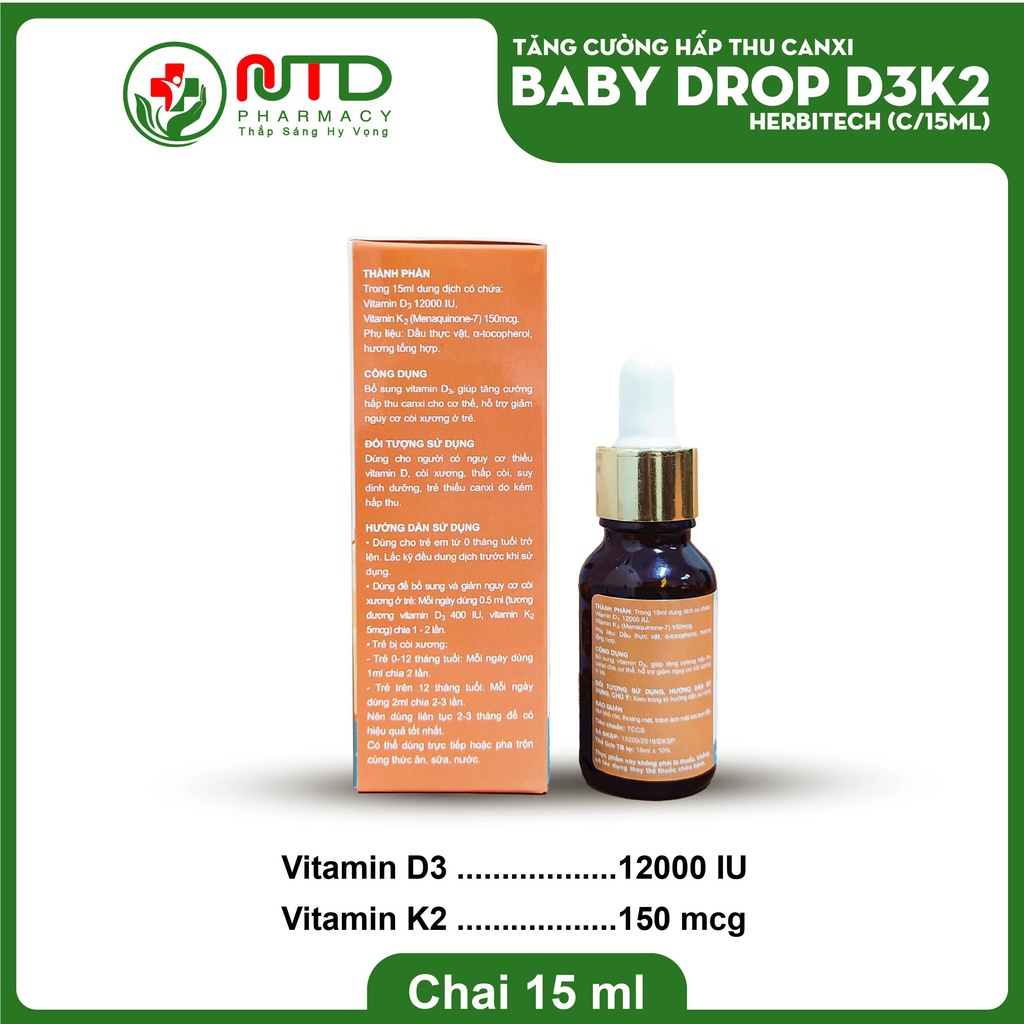 Vitamin D3K2 cho trẻ sơ sinh Bổ sung Canxi, D3 - K2 BABY DROP D3K2 - Tăng cường hấp thu Canxi giảm còi xương cho trẻ em