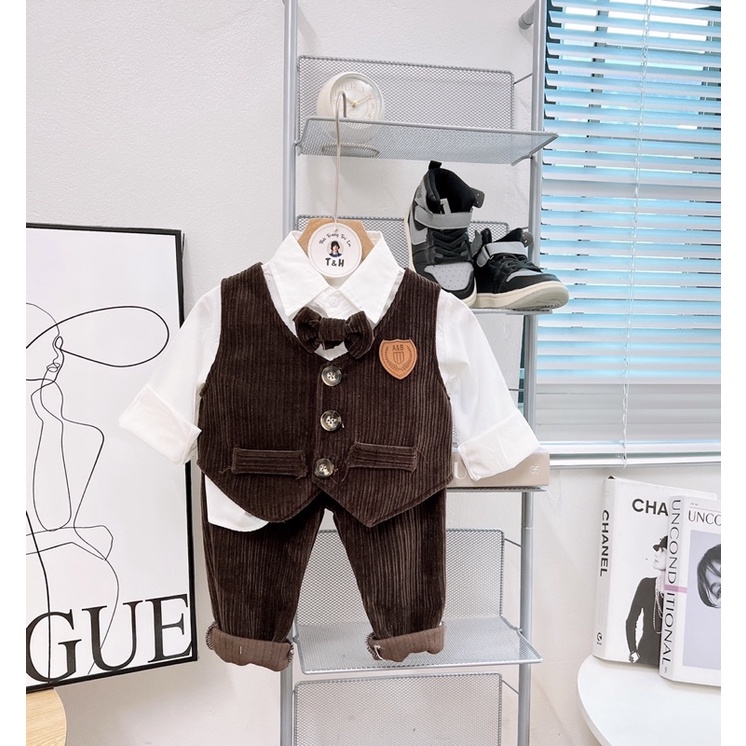 Sét bộ vest nhung mềm đẹp phong cách hàn cho bé trai