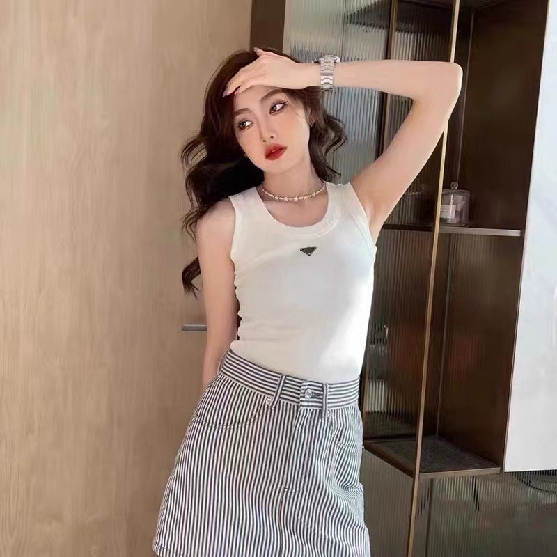 Prada Vest Women's 22 Autumn New slim stretch round neck tight bottoming shirt sleeveless top