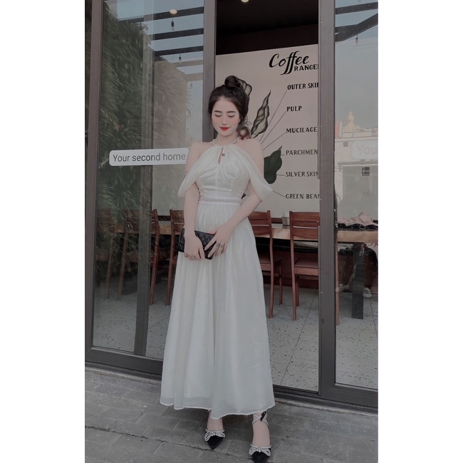 ĐẦM DỰ TIỆC PHỦ LƯỚI HỞ VAI PHỐI CƯỜM EO CỔ PHONG CÁCH HÀN QUỐC