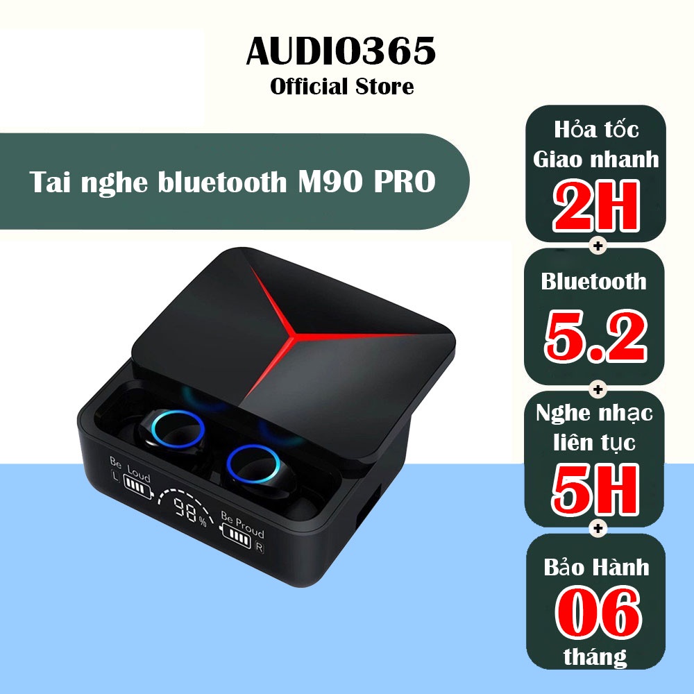 Tai nghe bluetooth V5.2 M90 Pro cảm ứng, màn hình led, chống nước, hỗ trợ đàm thoại, nghe nhạc, kiêm sạc dự phòng