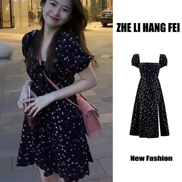 Đầm ZHELIHANGFEI in hoa tay phồng cổ vuông thời trang cho nữ