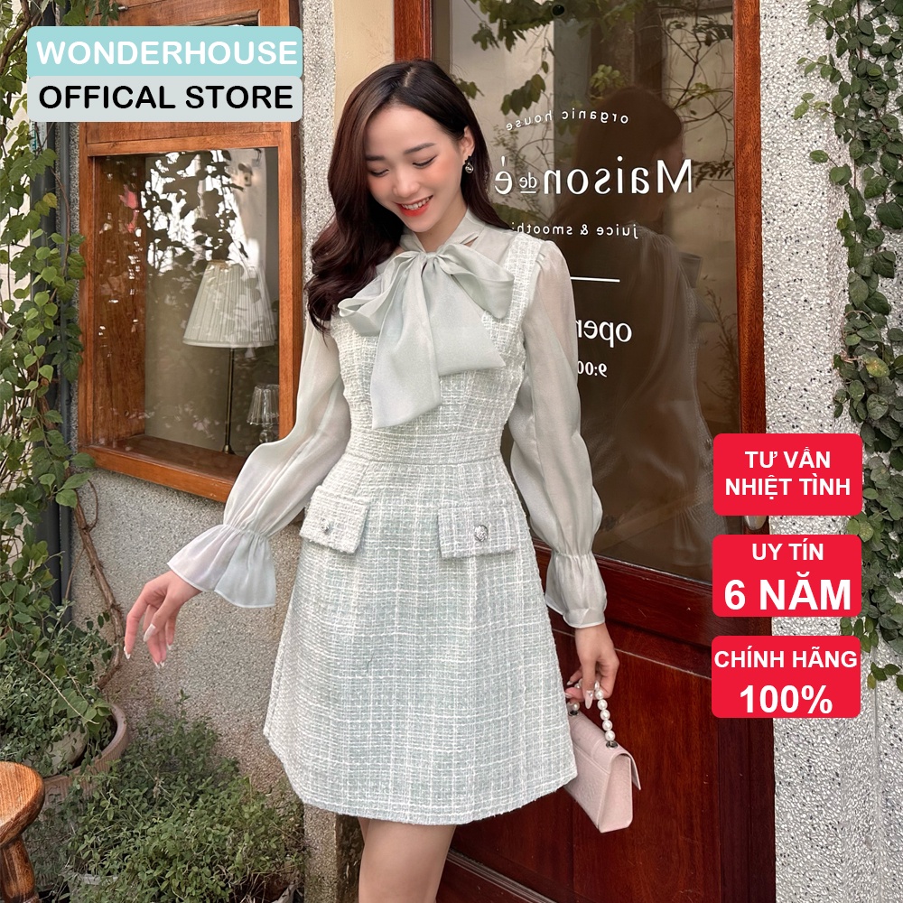 Đầm thiết kế Wonderhouse cổ vuông phối sơ mi cột nơ chất liệu vải tweed cao cấp dày dặn - Rosa Dress