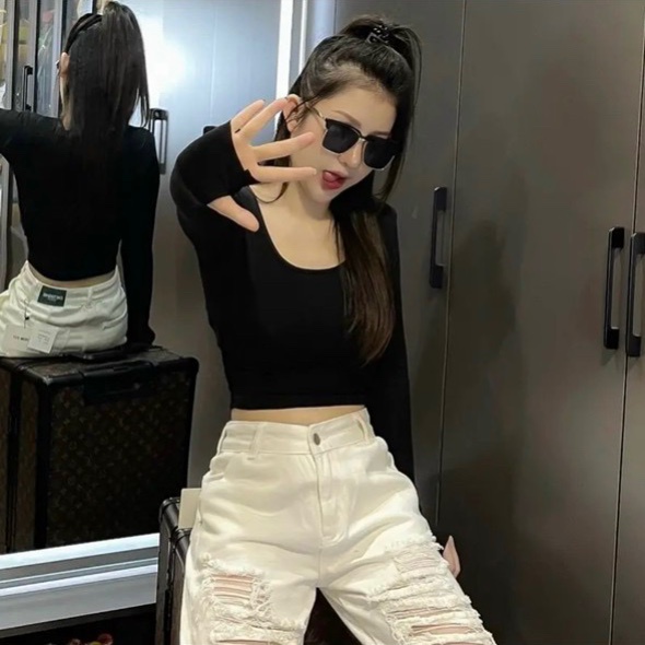 Áo thun gân cổ vuông tay dài xỏ ngón croptop ôm body hàng tuyển cực hot MC