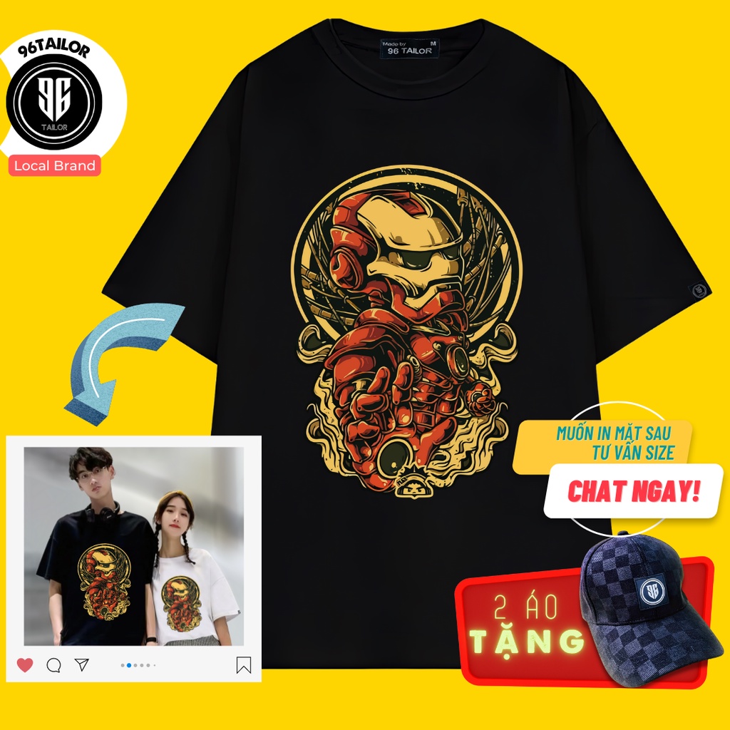 Áo Thun Unisex Hình IRON MAN Chất Ngầu - Nam nữ - Đen Trắng - Cotton 4 chiều mát dày có size - 96Tailor Local Brand