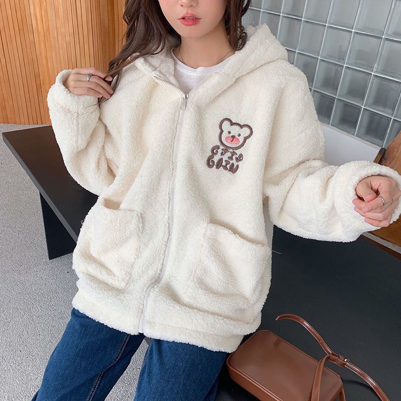 Áo Khoác Lông Cừu Dày Dặn Đính Tai Thỏ Dễ Thương Thời Trang Thu Đông