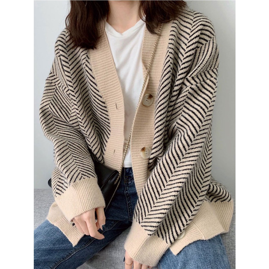 Áo Khoác Cardigan Len Dáng Rộng Họa Tiết Xương Cá - Hàng Quảng Châu