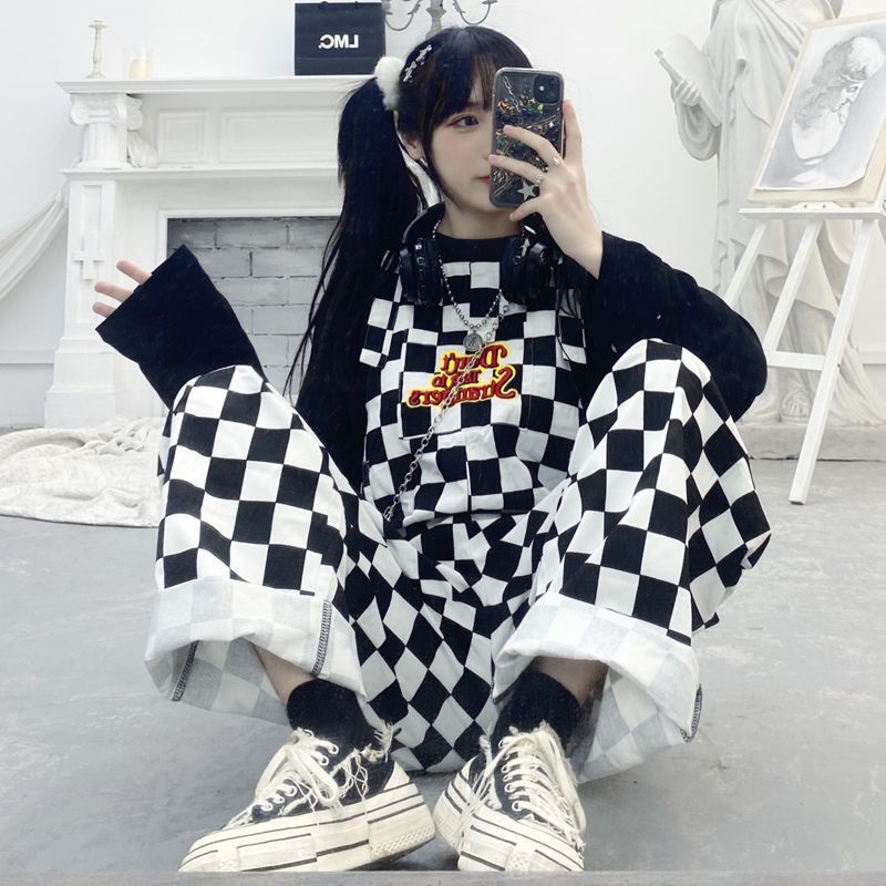 Quần Yếm Baggy Kẻ Sọc Ca Rô Trắng Đen Phong Cách Hip Hop Harajuku Dành Cho Nữ