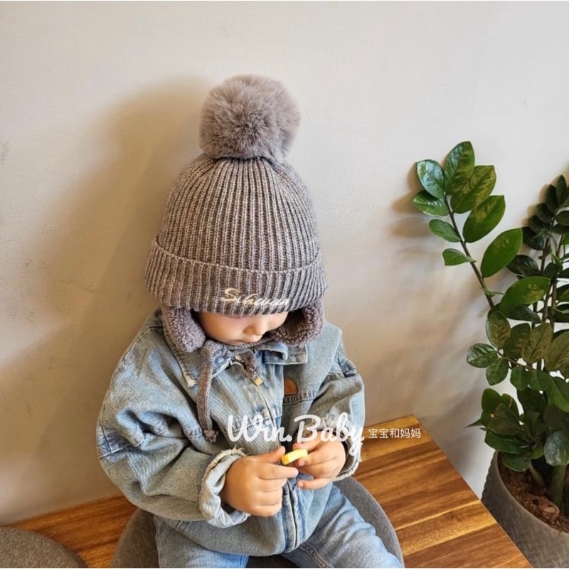 Mũ len dệt kim THÊU TÊN cho bé lót lông, bịt tai siêu ấm