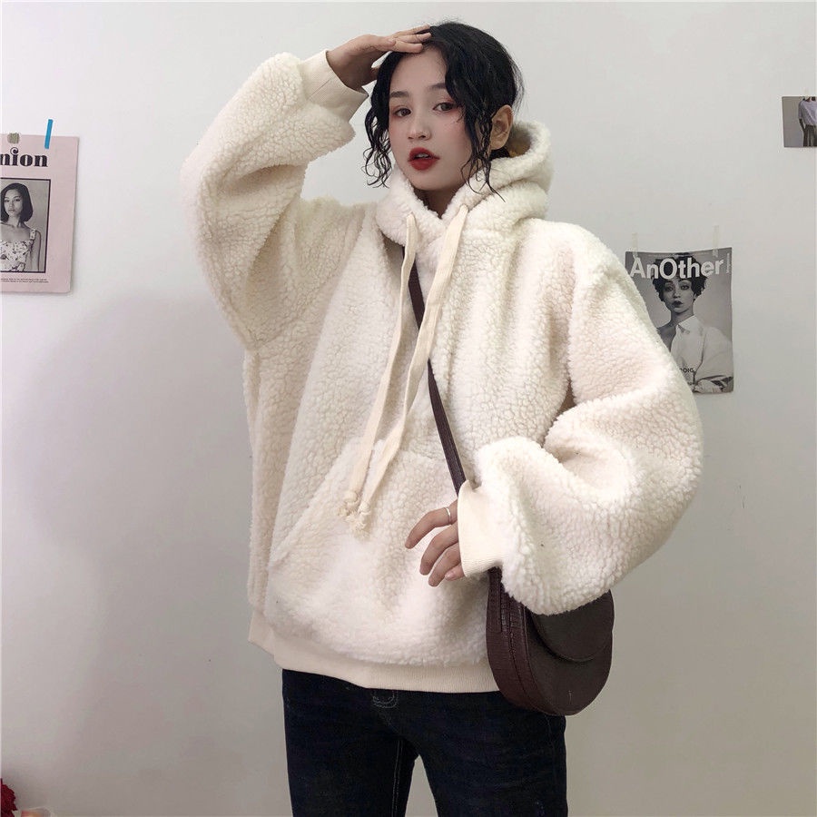 Áo khoác hoodie lông cừu form rộng có mũ phong cách Hàn Quốc, màu trắng cho nàng mùa đông ấm áp.TH66