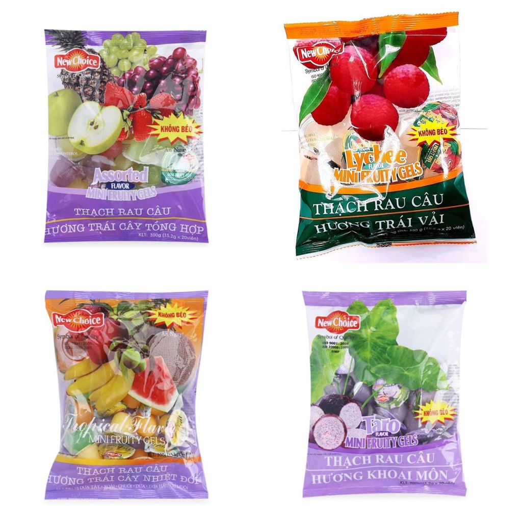Thạch Rau Câu New Choice Hương Trái Cây Nhiệt Đới/Trái Vải/Khoai Môn/Hỗn Hợp Gói 300G