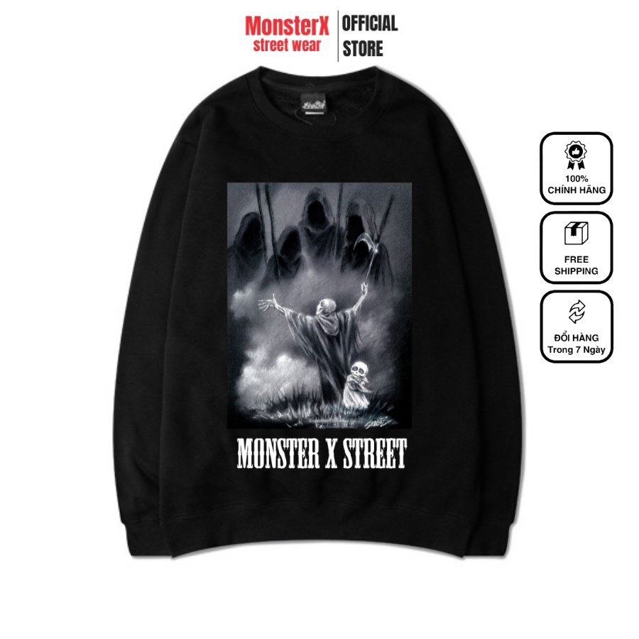 Áo dài tay trơn NỈ BÔNG Unisex Monster X Street Skull Sweater Ulzzang cặp đôi nam nữ form rộng oversize Hàn Quốc