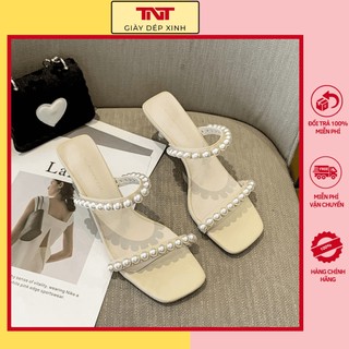 Dép xăng đan cao gót nữ tnt store giày cao gót 7 phân mũi vuông quai đính ngọc tnt04
