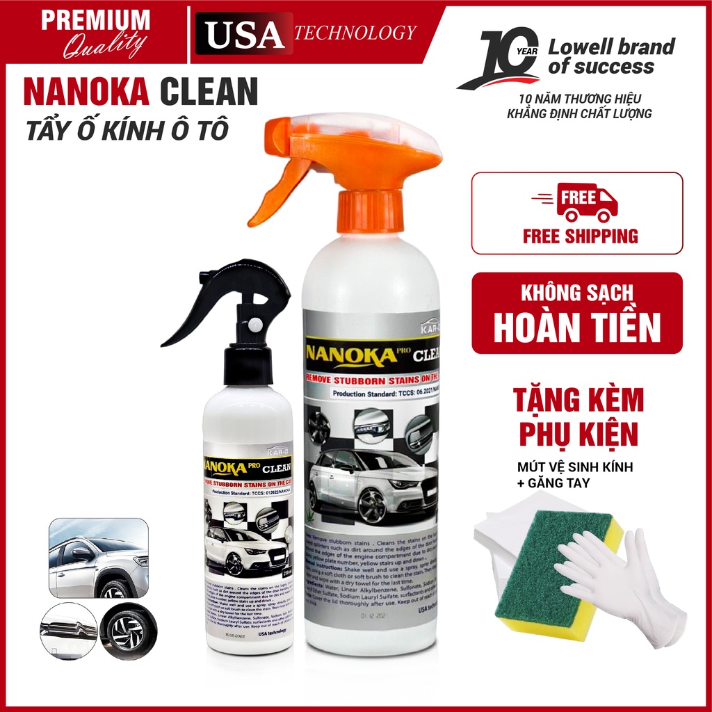 Tẩy Cặn Canxi, Tẩy Ố Vàng Sơn,Tẩy Ố Kính Ô Tô, - Lowell Clean (NANOKA) 250ml/550ml