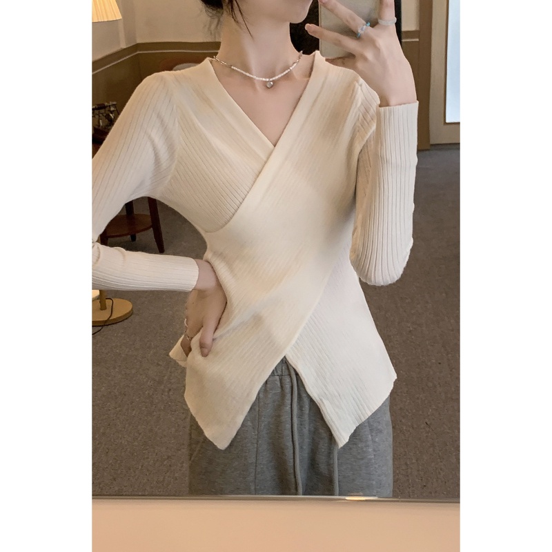 COZOK Áo Thun Dệt Kim Tay Dài Cổ Chữ V Vạt Chéo Thời Trang Dành Cho Nữ