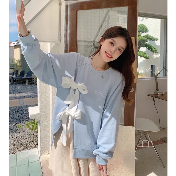 Váy thu đông áo sweater tiểu thư buộc nơ + chân váy cạp chun co giãn