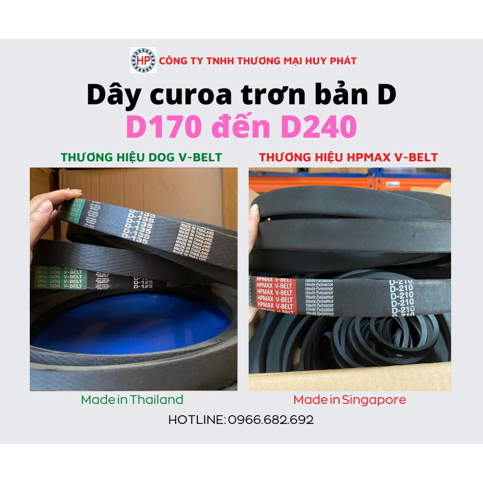 Dây curoa trơn bản D từ D170 đến D240 (dây Thái Lan và dây Singapore)