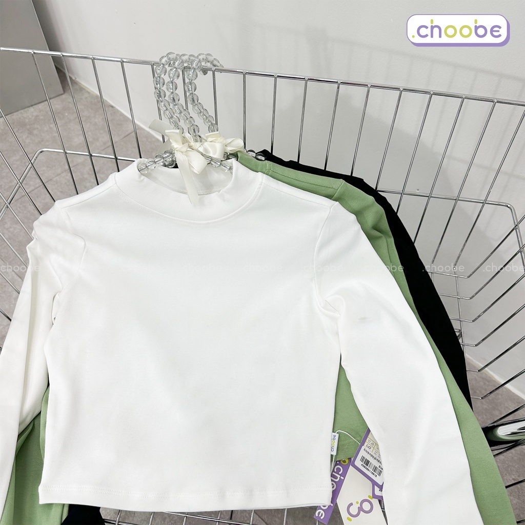 Áo croptop dài tay nữ Choobe cổ cao giữ nhiệt ấm kiểu ôm body vải cotton co giãn tốt A76