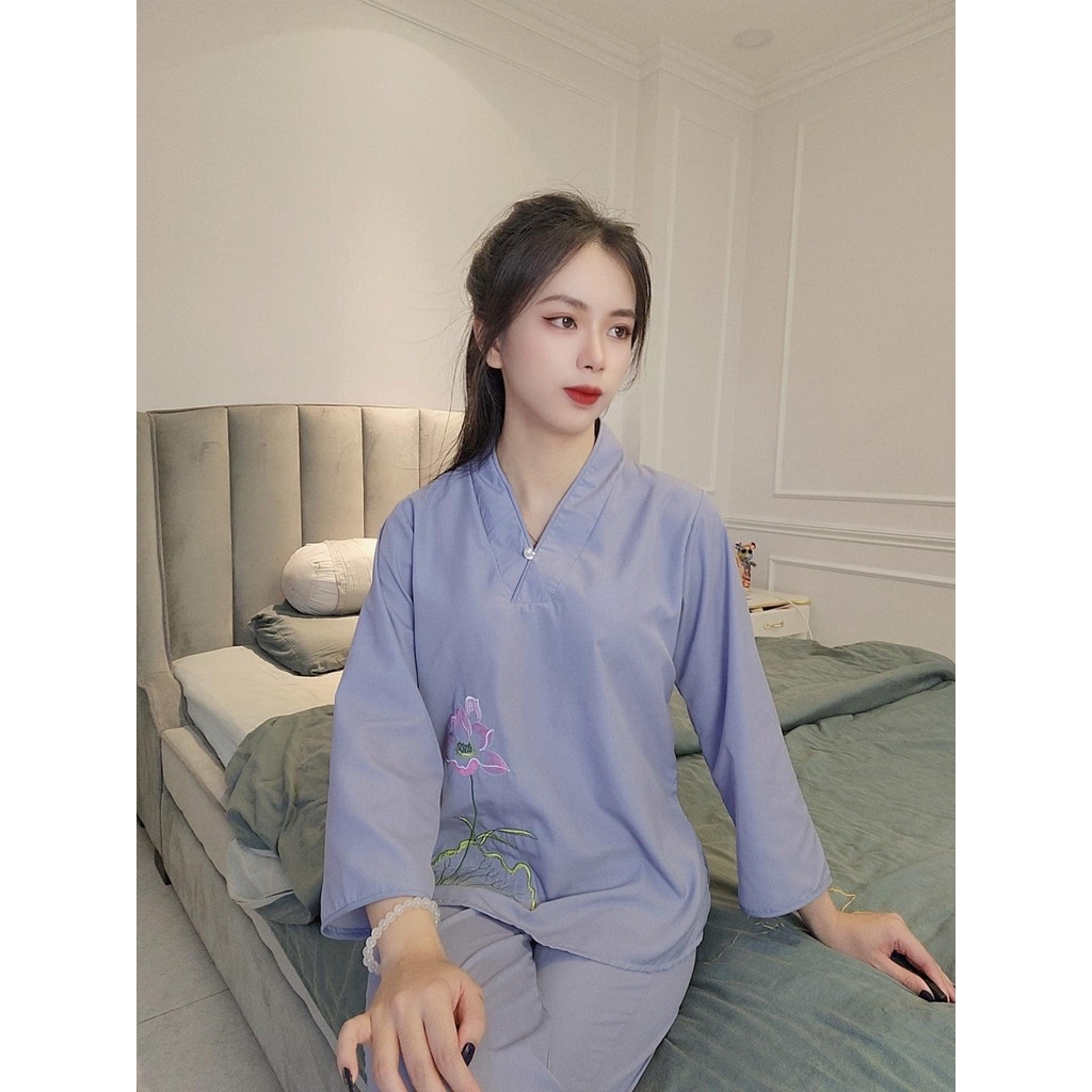 Bộ Đi Chùa Nữ - Đồ Lam Đi Lễ Chùa Bộ Phật Tử Thêu Sen Vải Dày Dặn Mềm Mịn Mặc Rất Mát Và Thoải Mái