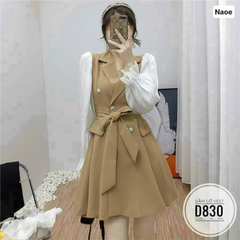 ĐẦM CỔ VEST TAY DÀI CỘT DÂY EO