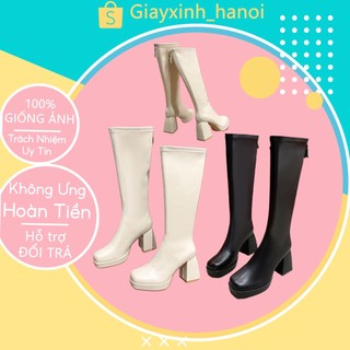 Bốt đùi nữ chất da mềm đế trụ, Bốt cổ cao mũi tròn thời trang thu đông 3 màu kem đen nâu