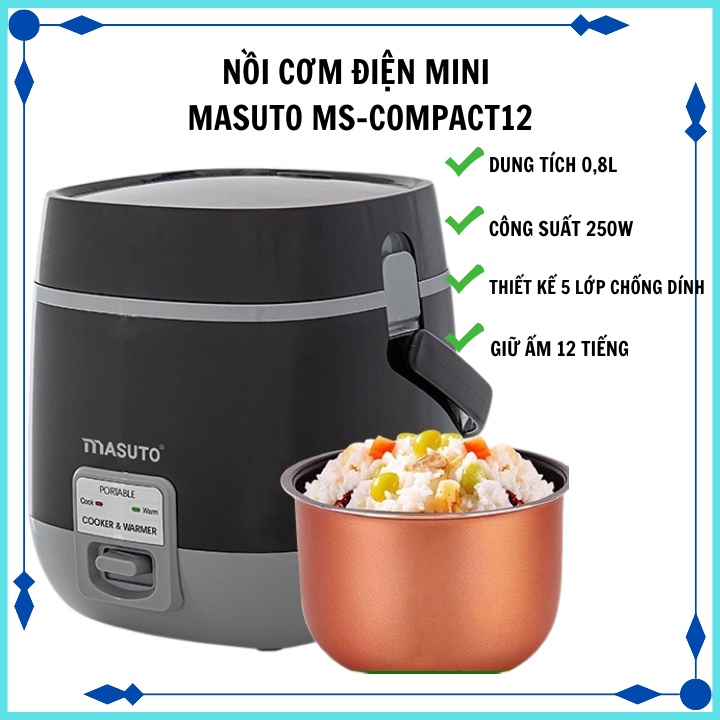 Nồi cơm điện mini MASUTO MS - compact12 dung tích 1,2l công suất 250W, nấu cho 2-3 người ăn