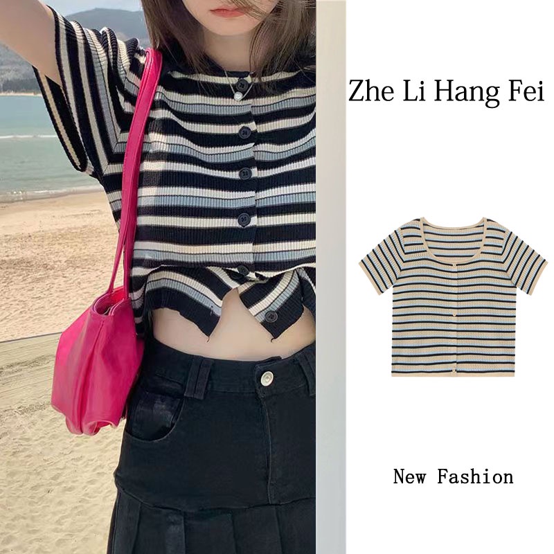 Áo cardigan ZHELIHANGFEI dệt kim ngắn tay cổ bẻ họa tiết kẻ sọc thời trang