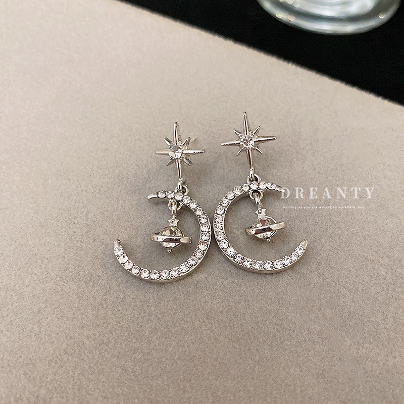Bông Tai Mạ Bạc Hình Ngôi Sao / Mặt Trăng Đính Kim Cương Giả Thời Trang Cá Tính Cho Nữ