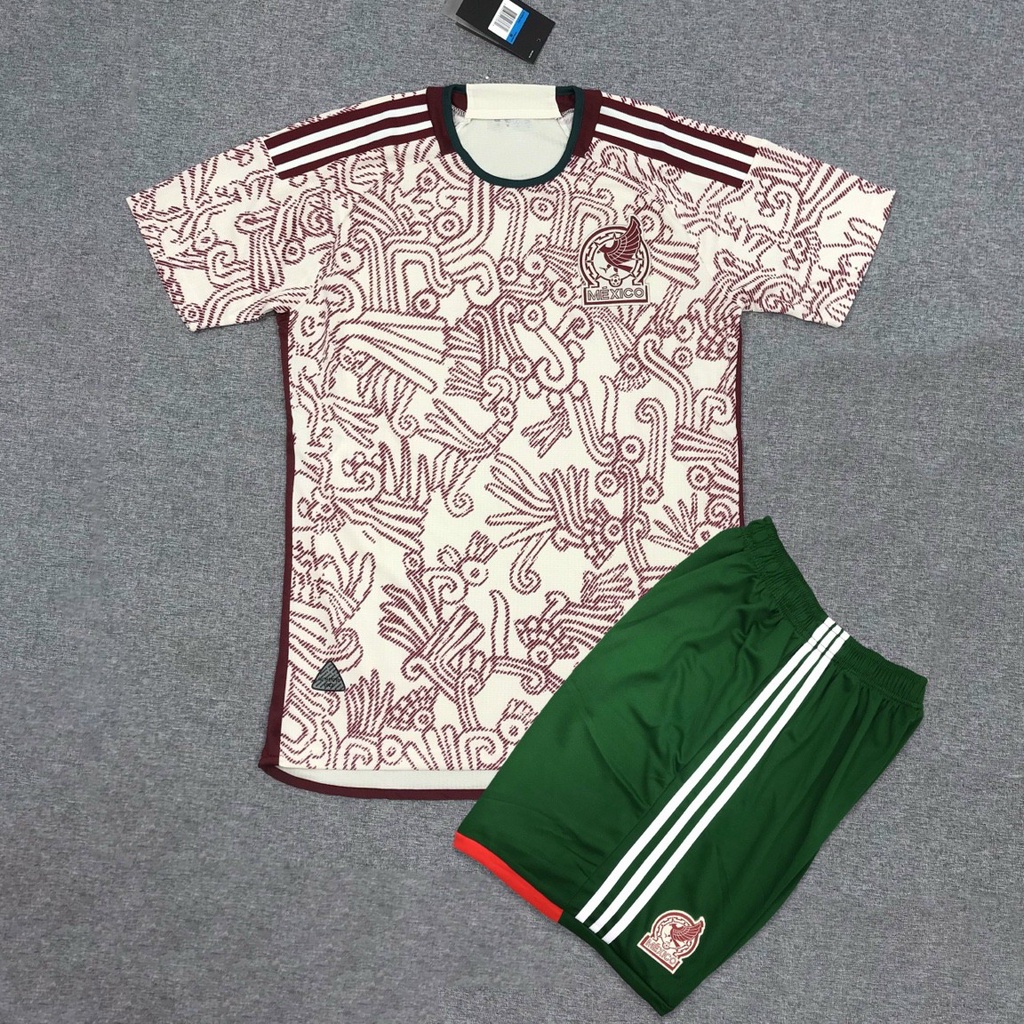 Bộ quần áo đá banh đội tuyển bóng đá Mexico Away 2022 2023 sân khách màu trắng đỏ quần xanh logo thêu vải gai mịn thái