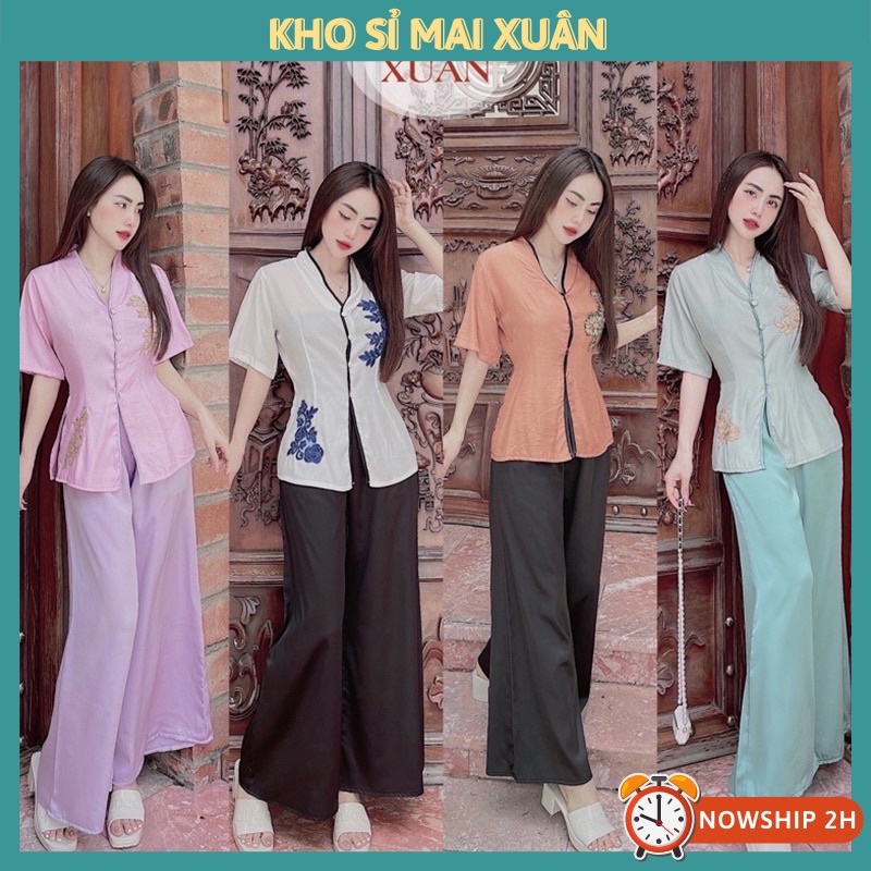 Bộ lam đi chùa,bộ phật tử trơn lụa tằm phối hoa văn siêu hót (ẢNH THẬT+VIDEO)-Kho Sỉ Mai Xuân